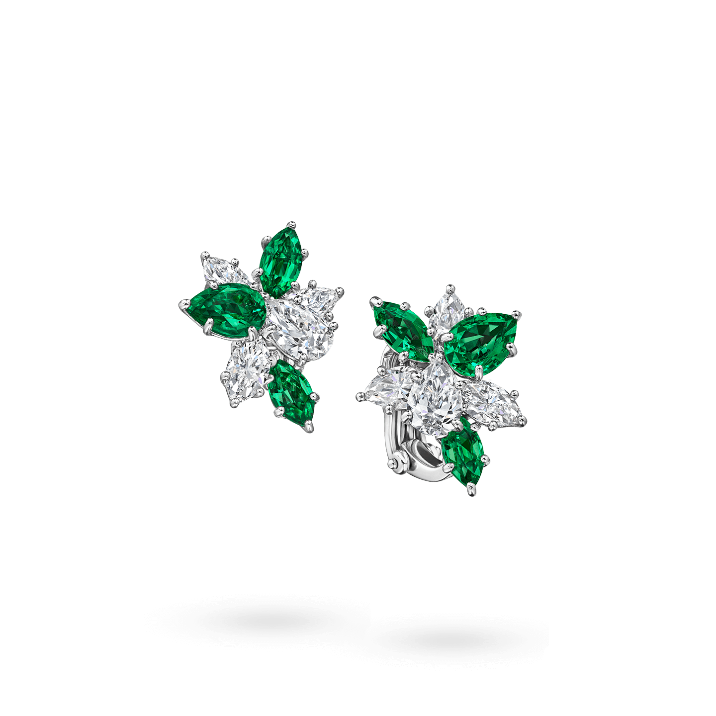 Angled view of the Winston Cluster Emerald and Diamond Earrings
